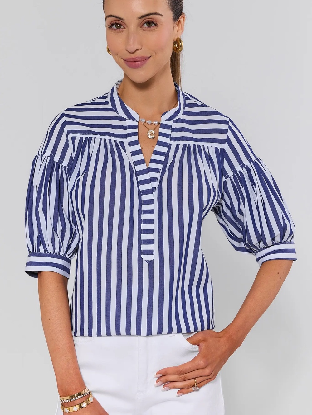 Avara Melody Navy White Striped V-Neck Short Sleeve Cotton Coastal Top Size XS